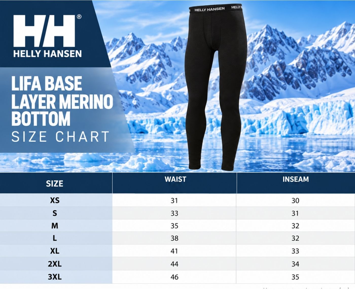LIFA Base Layer Merino Bottom Size Chart LIFA Base Layer Merino Bottom Size Chart